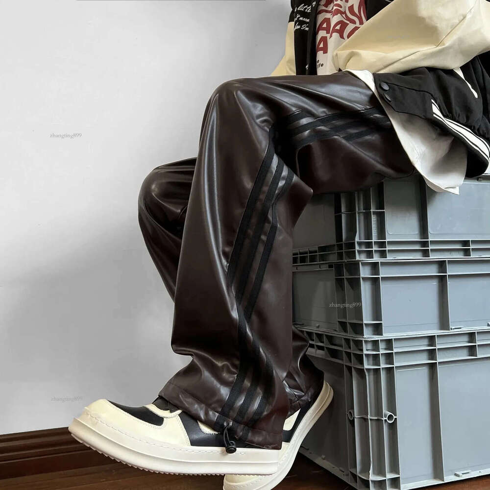 Side Stripe Leather Pant Men Women Streetwear Fashion Loose Casual Hip Hop Vintage Straight PU Leather Pants Cargo Trousers 240807