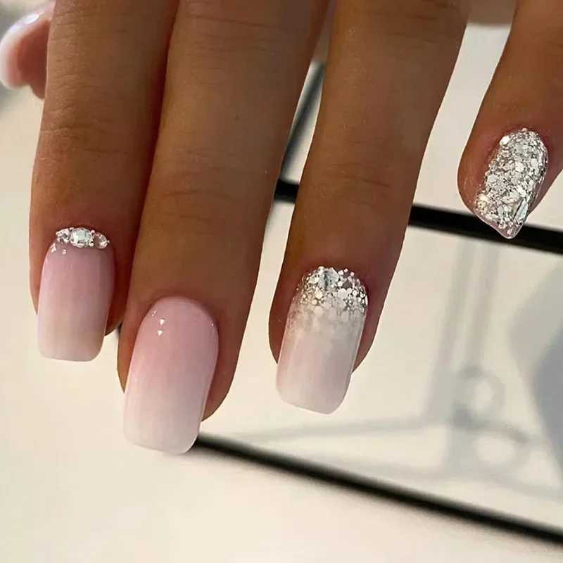 24pcs Simple Gradient Fake Nail French Sparkle Ballet with rhinestones wearable fake nails full set of nail tip pressing artW241125