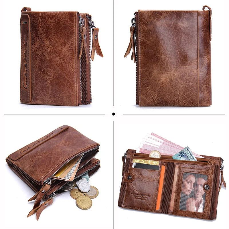 Fashion genuine leather womens wallet double fold wallet red ID card clip coin wallet double zipper small womens wallet 241125