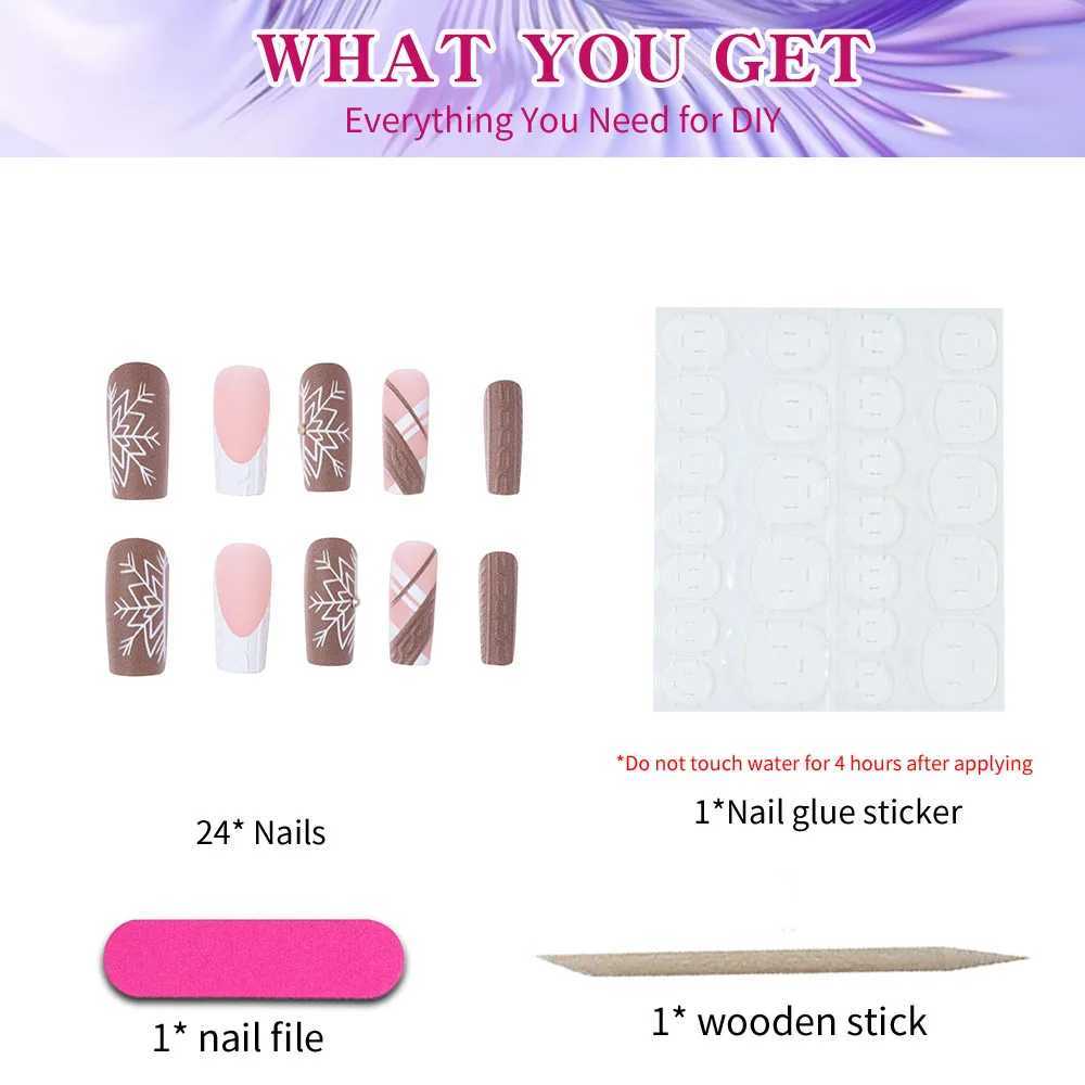 24pcs long automatic and winter square nail brown nail snow bonded diamond full cover fake nail matte 3D texture impressionW241125