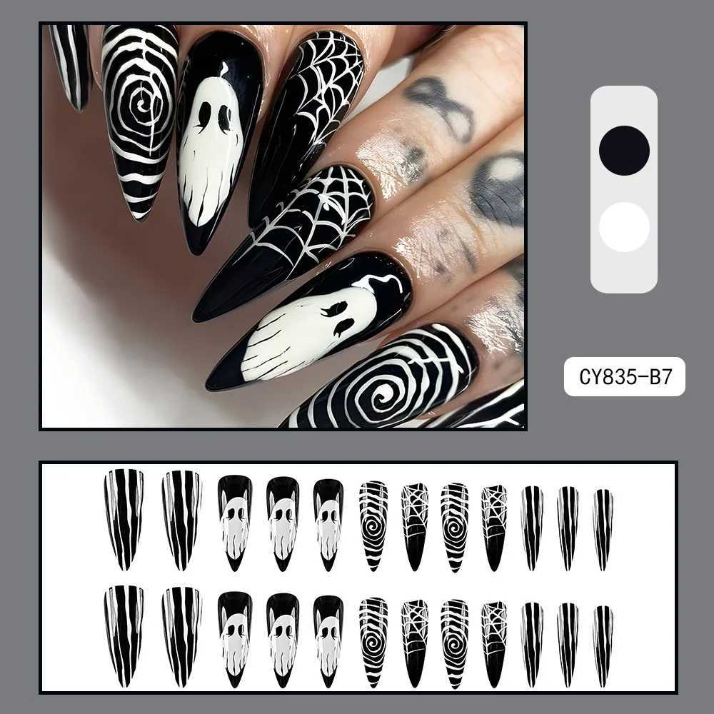 24 pieces of rose rhinestone Halloween skull fake nails fully covered detachable press fit wearable long-lasting fake nailsW241125