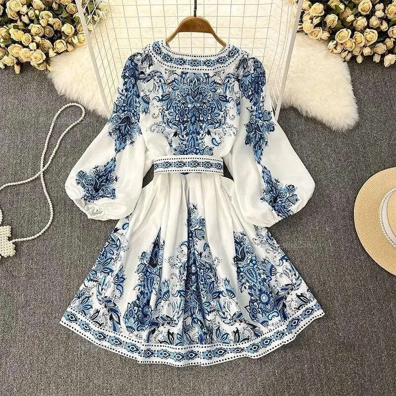Casual Dresses Women Bohemian Dress Spring Summer Print Long Lantern Sleeve V Neck Corset Slim Button Pleated Vacation