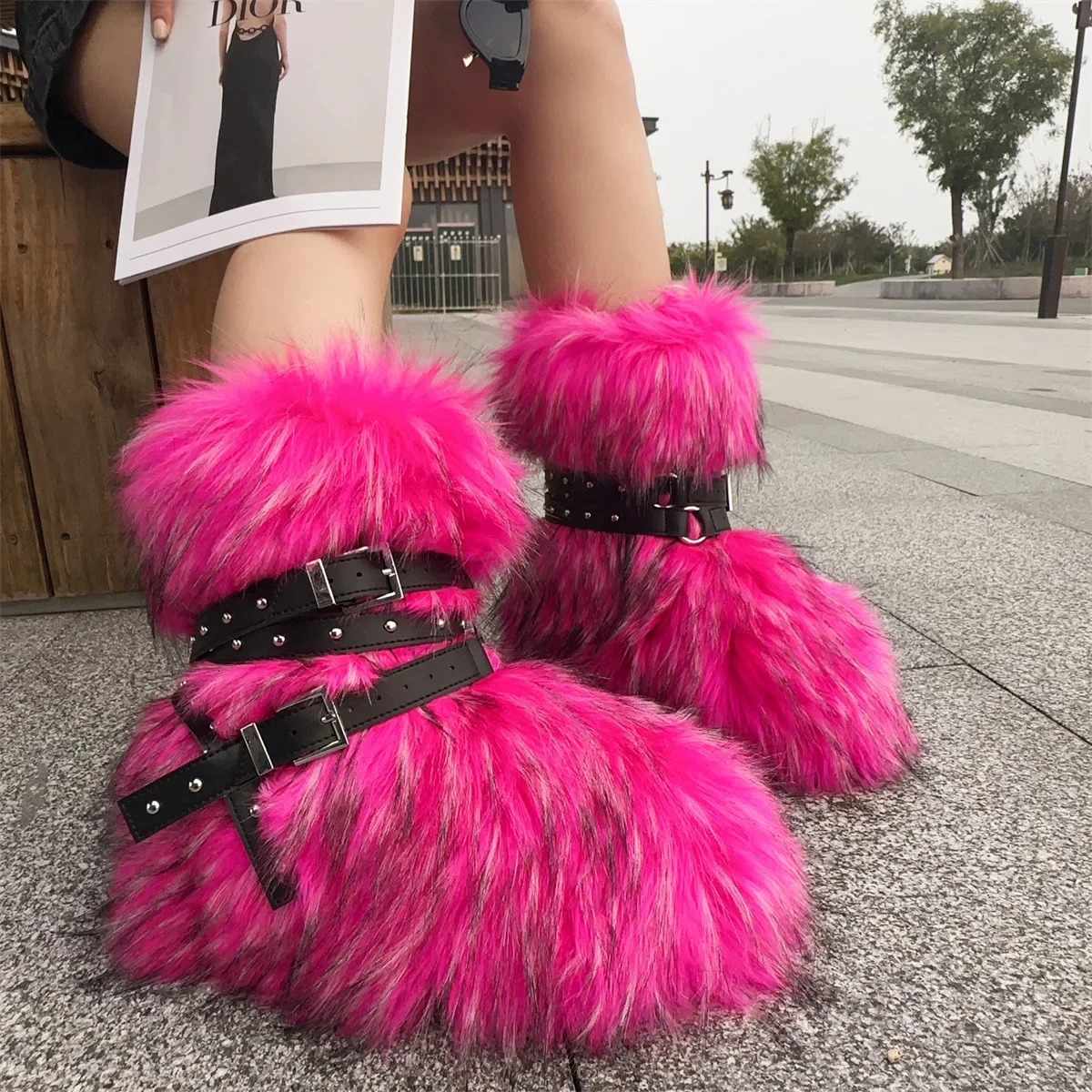 Winter Fur Onepiece Raccoon FurFemale Snow Boots Fur shoes OutdoorMid Leg Boots y2k Cool Pink 241125
