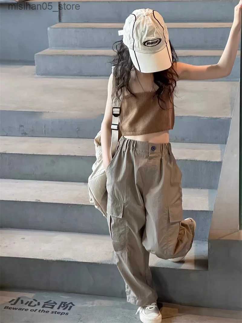 Clothing Sets Teen Girls Cargo Pants Children Fashion Loose Trousers Kids Casual Pockets Design Sweatpants Trendy Cool Streetwear 5-14Y Q240425
