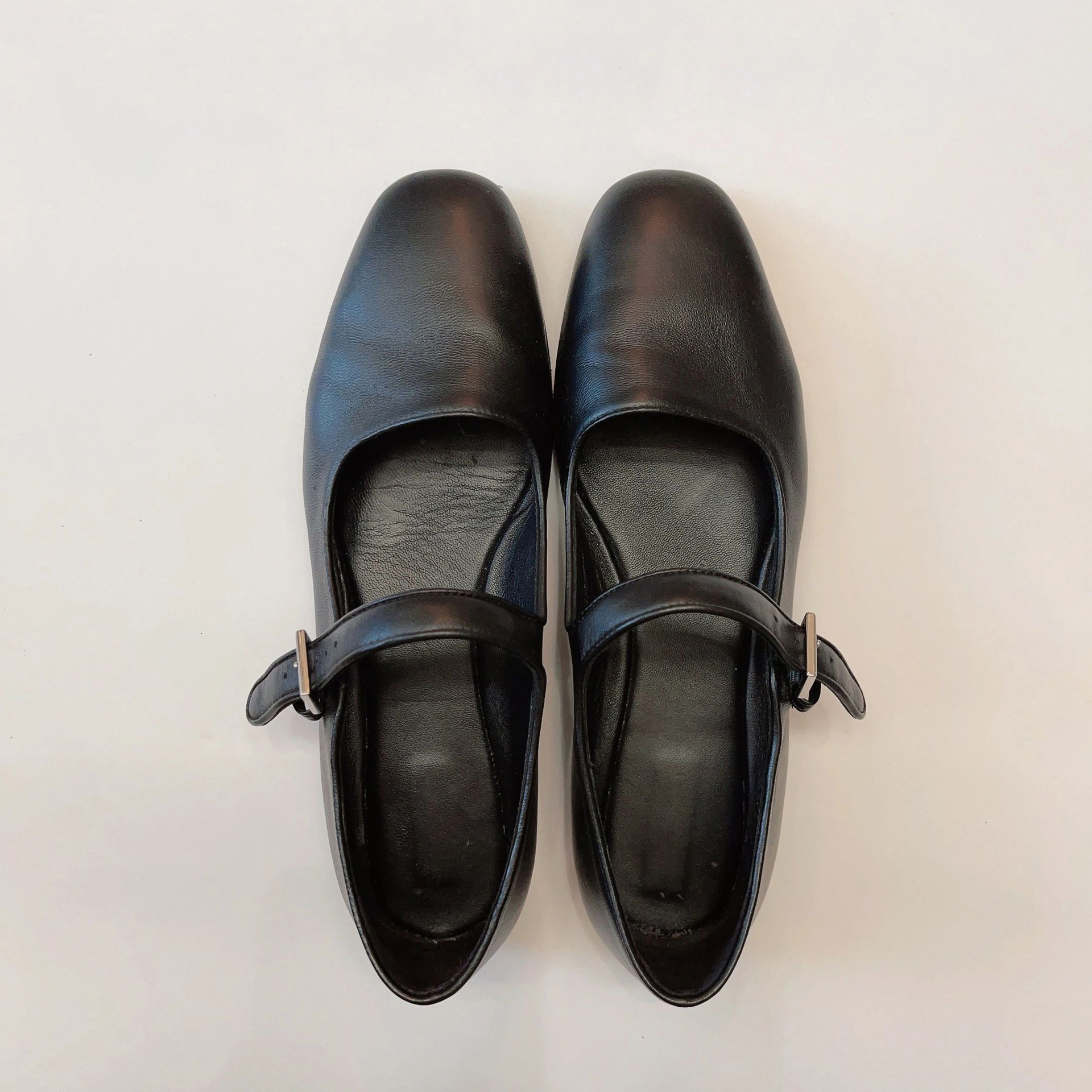 Sheepskin Edition~Square Head Mary Jane One Button Versatile Black Flat sole Single Shoes Women's Soft Leather Shallow Mouth Flat sole Small Leat