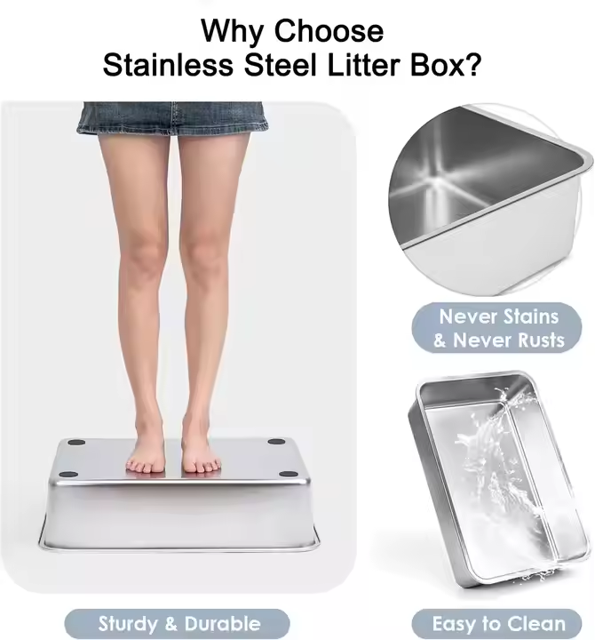 Durable Detachable Stainless Steel & Plastic Cat Litter Box Quick Accessibility Easy Clean Feature Pet Cleaning Toilet Accessory