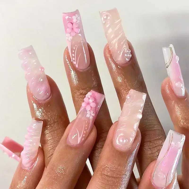 24pcs pink fake nails long coffin fake nail star with French design wearable ballet troupe nail full set nail tip artW241125