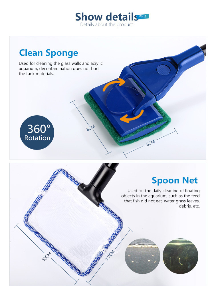 Factory Price Five-in-one Multifunctional Long Handle Aquarium Accessories Cleaning Tools Kits for Fish Tank