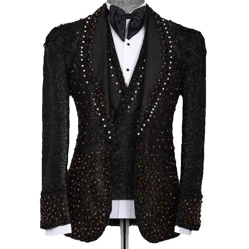 Unique Sequined Mens Wedding Tuxedos Ceremony Slim Fit Crystal Beads Groom Wear Party Birthday Pants Suits 2 Pieces