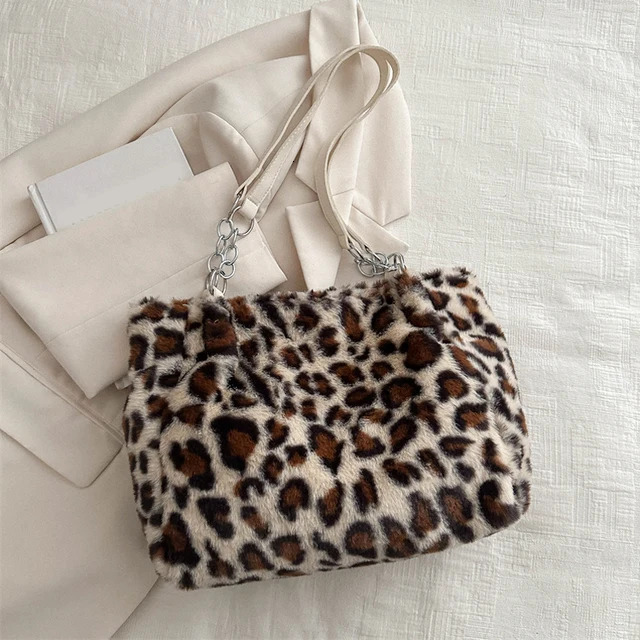 New Leopard Print Bags Women Fashion Portable Faux Fur Handbags Winter Soft Warm Bag Girls Fluffy Large Capacity Tote Purse Cotton Fabric