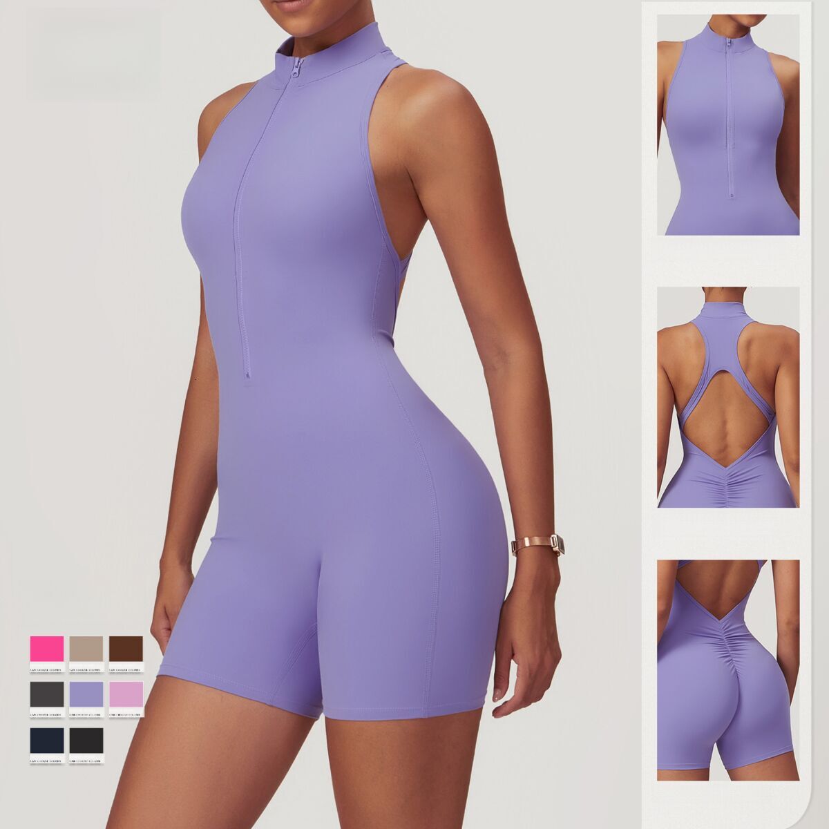 Spring High Intensity Sports Beauty Back Yoga Zipper Nude Tight Bodysuit Women's