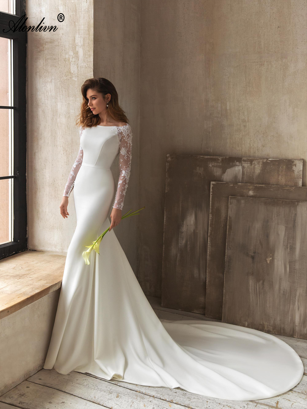 Elegant Satin Ruched Jewel Mermaid Wedding Dress With Backless Beading Lace Full Sleeves Trumpet Bridal Gowns 2024