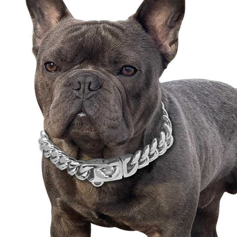 Durable gold dog collar stainless steel Cuban chain 14mm wide metal pet necklace suitable for small medium and large dog collar products X250129