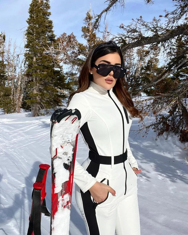 Fashion Patchwork Jumpsuit For Women Winter Slim Long Sleeve Waterproof Zipper Skiing Suit Female Casual High Waist Snow Sets 241121