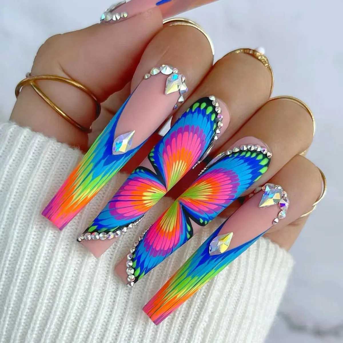 24 long coffins frosted rainbow French and colorful butterfly patterns fake nails a piece of jelly glueW241125