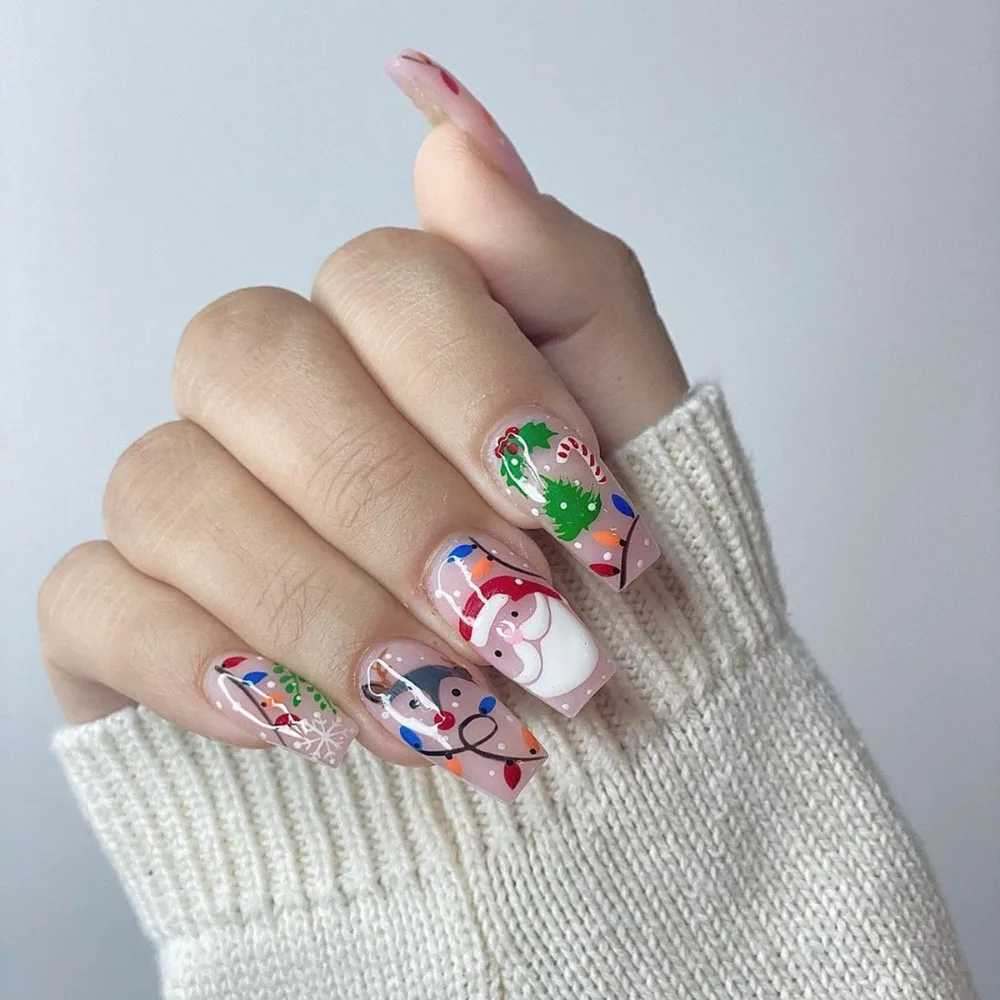 24 Christmas Snowflakes Fake Nails Square Head French Nails Snowflakes Pressed on Nails Waterproof Fake NailsW241125