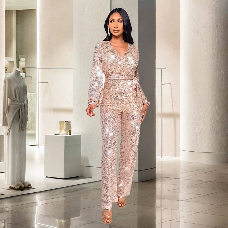 INS Style Deep V Fashion Casual Long Sleeved Waistband Sequin Jumpsuit For Women