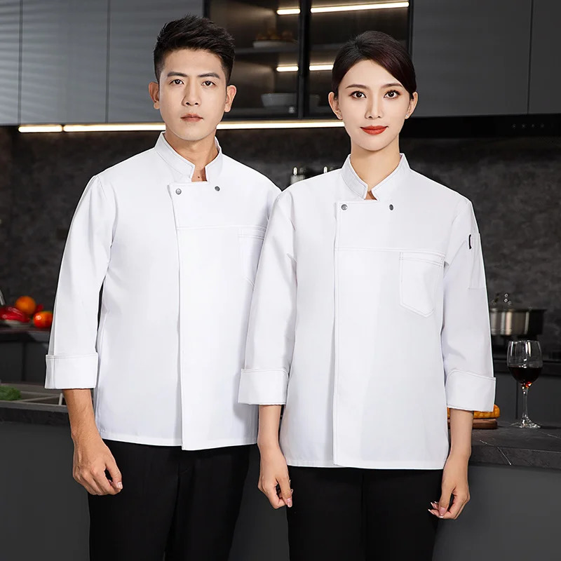 grey Chef uniform Long Sleeve chef jacket Cook Coat Tshirt Baker Work Uniform Waiter Restaurant el Clothes women 240412