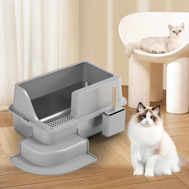 Open Top Cat Litter Tray with Scoop plastic stainless steel cat litter basin with scoop easy clean
