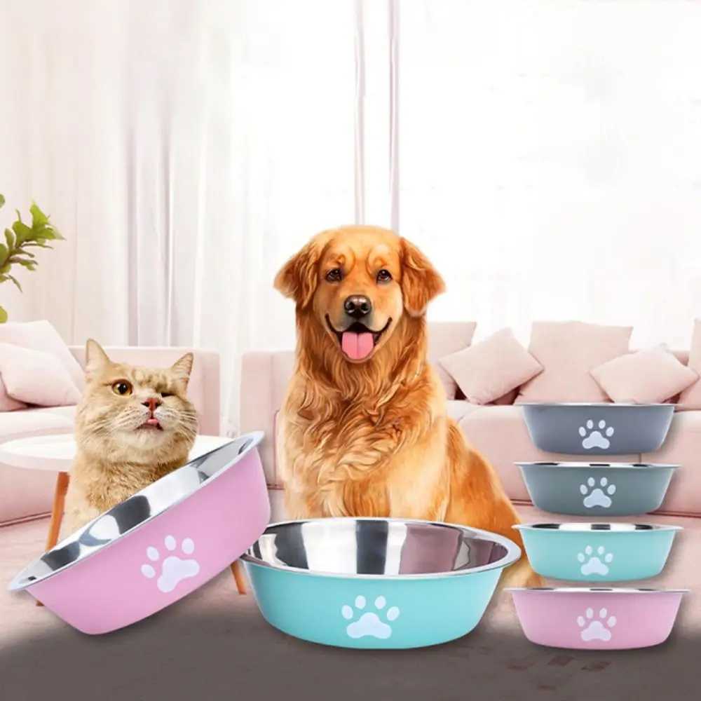 Non-slip Stainless Steel Dog Bowl Non-rust Large Capacity Dog Water Bowl Cat Paw Pattern Pet Feeders Cat Feeding Bowl HomeXJ241125