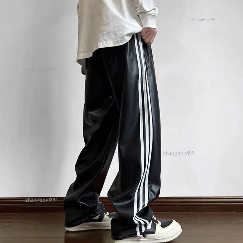 Side Stripe Leather Pant Men Women Streetwear Fashion Loose Casual Hip Hop Vintage Straight PU Leather Pants Cargo Trousers 240807