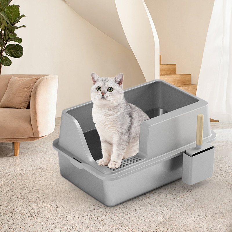 Open Top Cat Litter Tray with Scoop plastic stainless steel cat litter basin with scoop easy clean