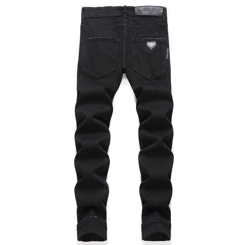 Men's pants Punk print print black ripped men's slim stretch jeans with small feet trend J241125