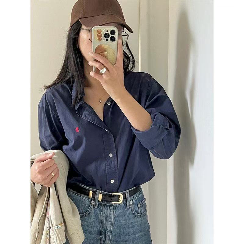 Womens shirt Spring and autumn long shirt designer brand classic embroidery war horse lapel long sleeve shirt fashion casual loose large size white shirt top