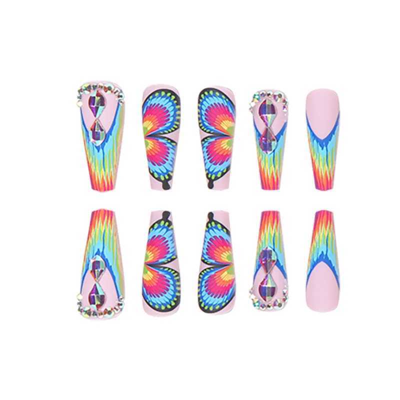24 long coffins frosted rainbow French and colorful butterfly patterns fake nails a piece of jelly glueW241125