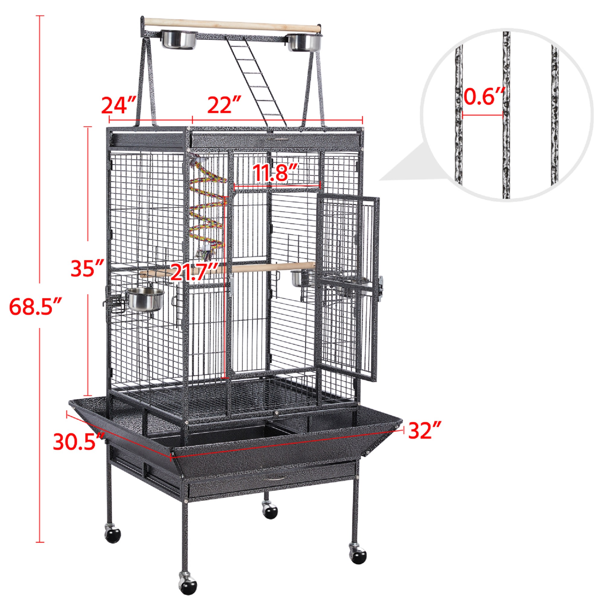 Topeakmart Black Rolling Bird Cage with Play Top Feeding Bowls and Bungee Rope for Small Birds, 68.5" H