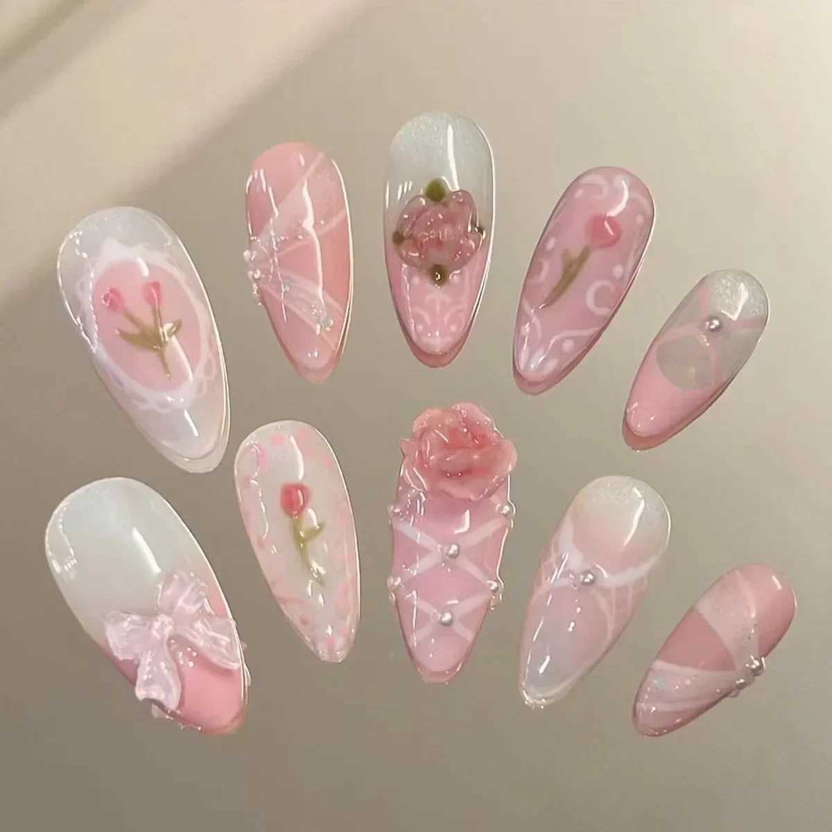 24 pieces of pink almond fake nail butterfly ballet designed in France wearable fake nailsW241125