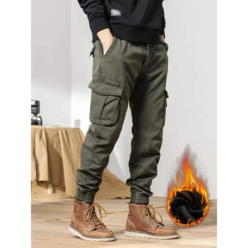 Multi-Pockets Winter Cargo Pants Men Fleece Liner Thick Warm Slim Fit Joggers Streetwear Casual Cotton Thermal Trousers 240412