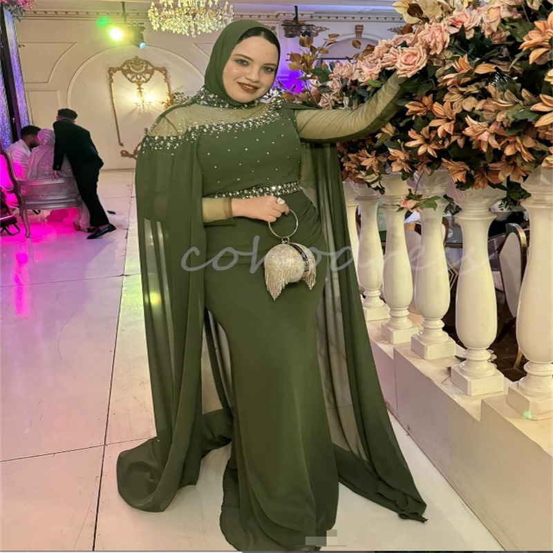 Luxury Olive Green Arabia Evening Dress With Cape High Neck Crystal Mermaid Dubai Abaya Prom Dress Turkey Formal Gown Sepcial Occasion Birthday Dress