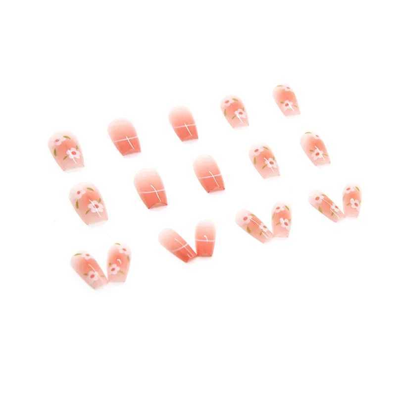 Powder wearable pink pressed fake nail tip adhesive fake nail design butterfly cute girl fake nailW241125