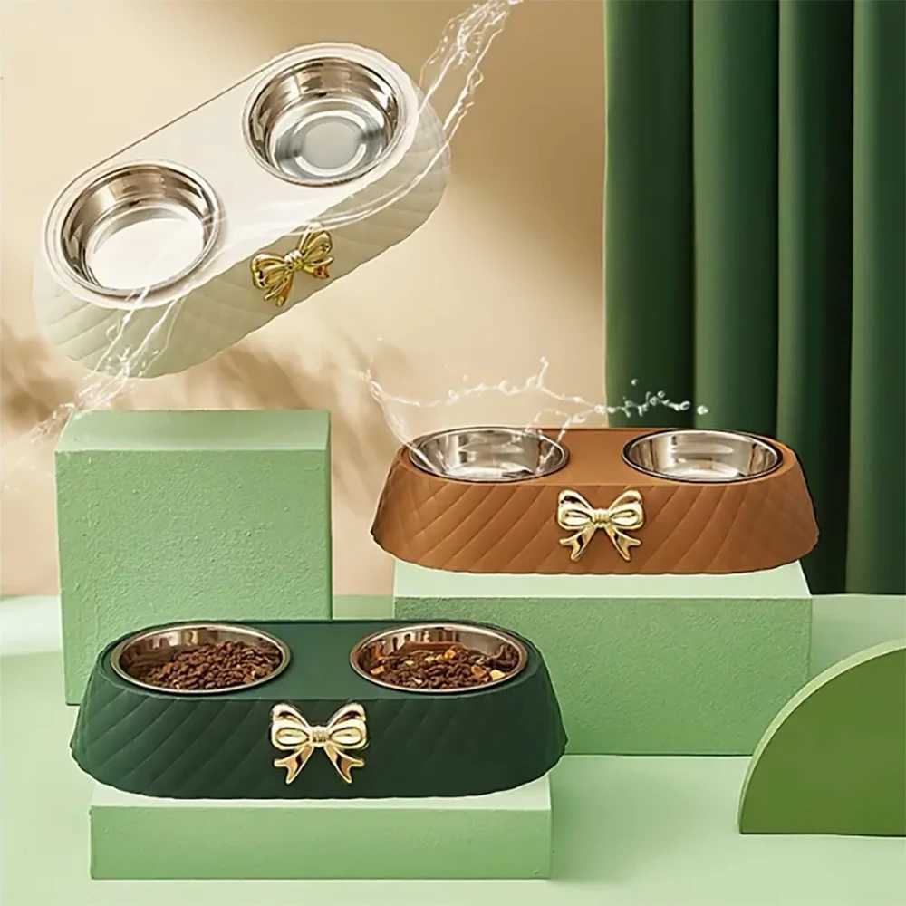 Light luxury bow diamond pattern with stainless steel double bowl pet cat and dog food bowl pet bowlXJ241125