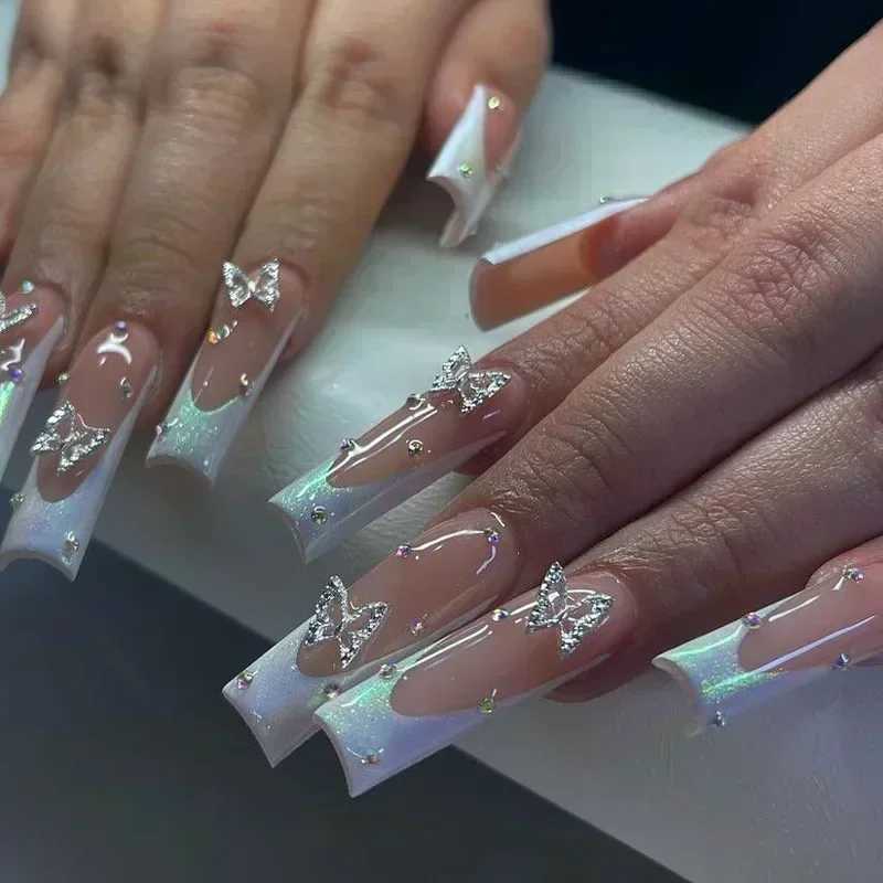 24 pieces of long ballet dancer fake nails pressed snake shaped nails with Rhinestone French fake nails wearable white nail tipsW241125