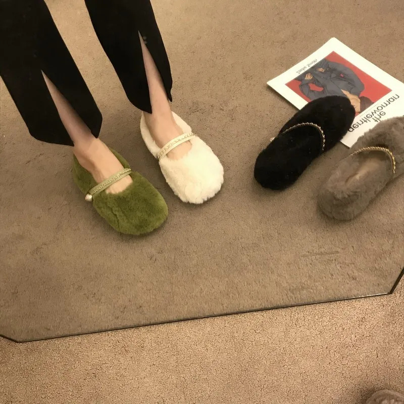 Fur Flats Women Shoes Fashion Mary Janes Shoes Women Warm Plush Loafers Women Fashion Cotton Shoes Femme 241125