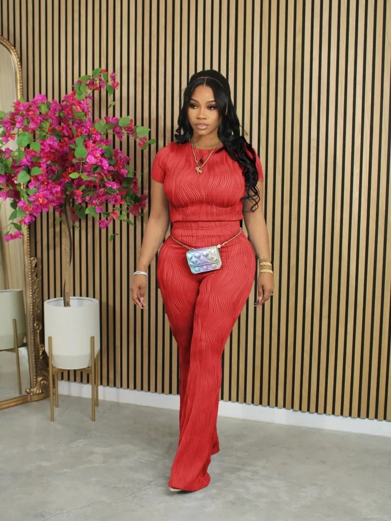 Women Solid Summer Ribbed 2 Piece Set Casual Tracksuits Short Sleeve Tshirts Tops Slim Flare Pants Fashion Outfit Suits 240423