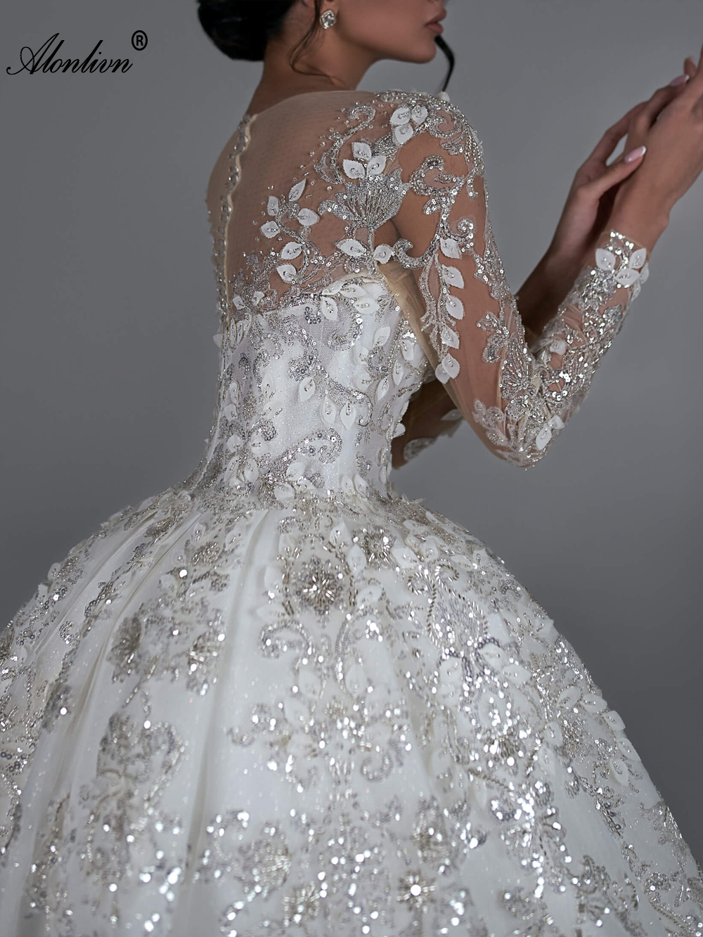 Gorgeous Lace Illusion Scoop Full Sleeves Ball Gown Wedding Dress Beading Pearls Appliques Prints princess Bridal Gowns Back With Button