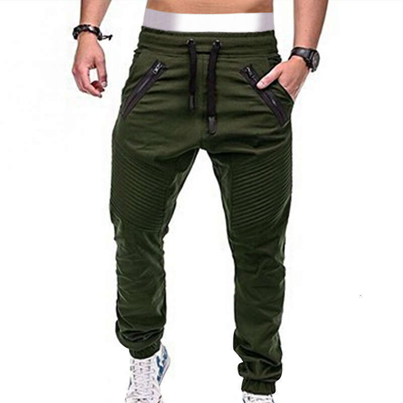 New Men's Casual Fashionable Drawstring Elastic Sports Pants With Double Zippers And Striped Ankle Binding Workwear B1