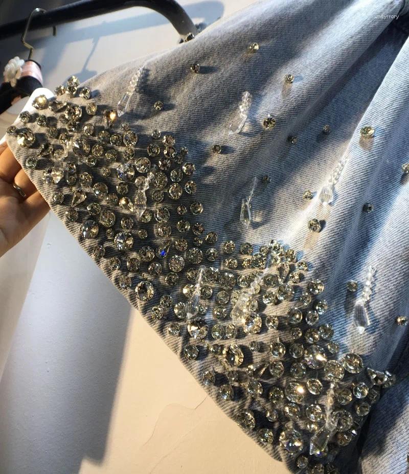 Women's Jeans Rhinestone Denim Shorts Woman Summer Wear Heavy Industry Tassel Bead Dia-Embedded High Waist Wide-Leg Jean Free shippin
