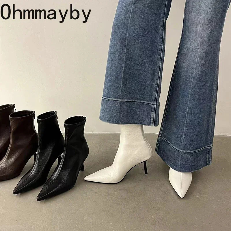 Pointed Toe Women Slim Ankle Boots Fashion Back Zippers Shoes Autumn Winter Thin High Heel Womens Morder Short Booties 241125