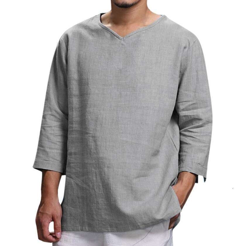 Autumn New Trade Men's Top Long Sleeved V-Neck Cotton En Loose Ing
