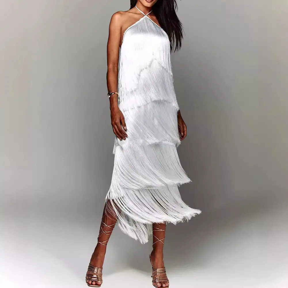 Fashion Neck Fringed Backless Slit Dress for Women 241112