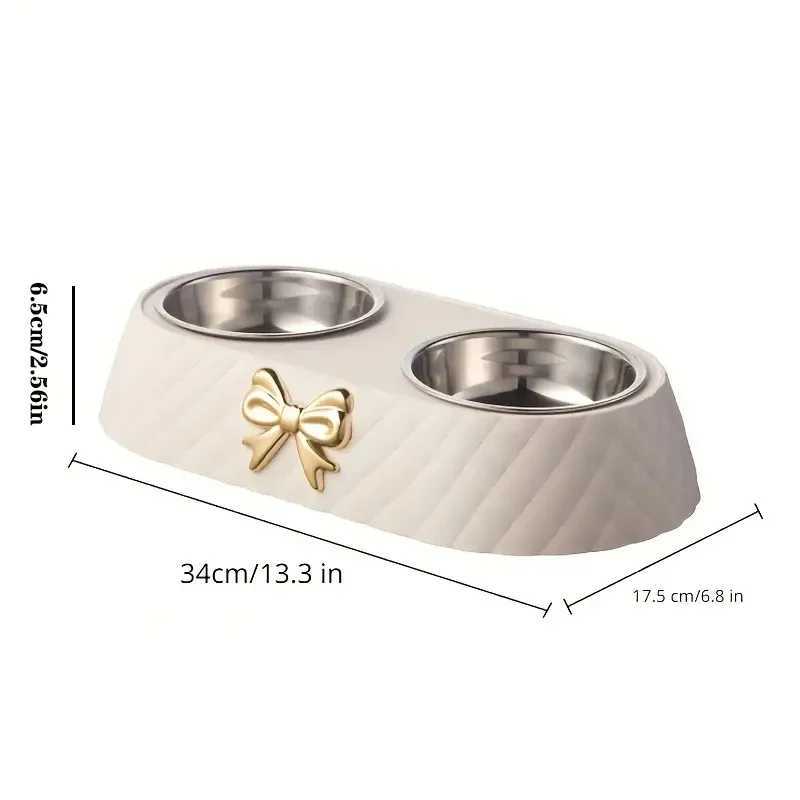 Light luxury bow diamond pattern with stainless steel double bowl pet cat and dog food bowl pet bowlXJ241125