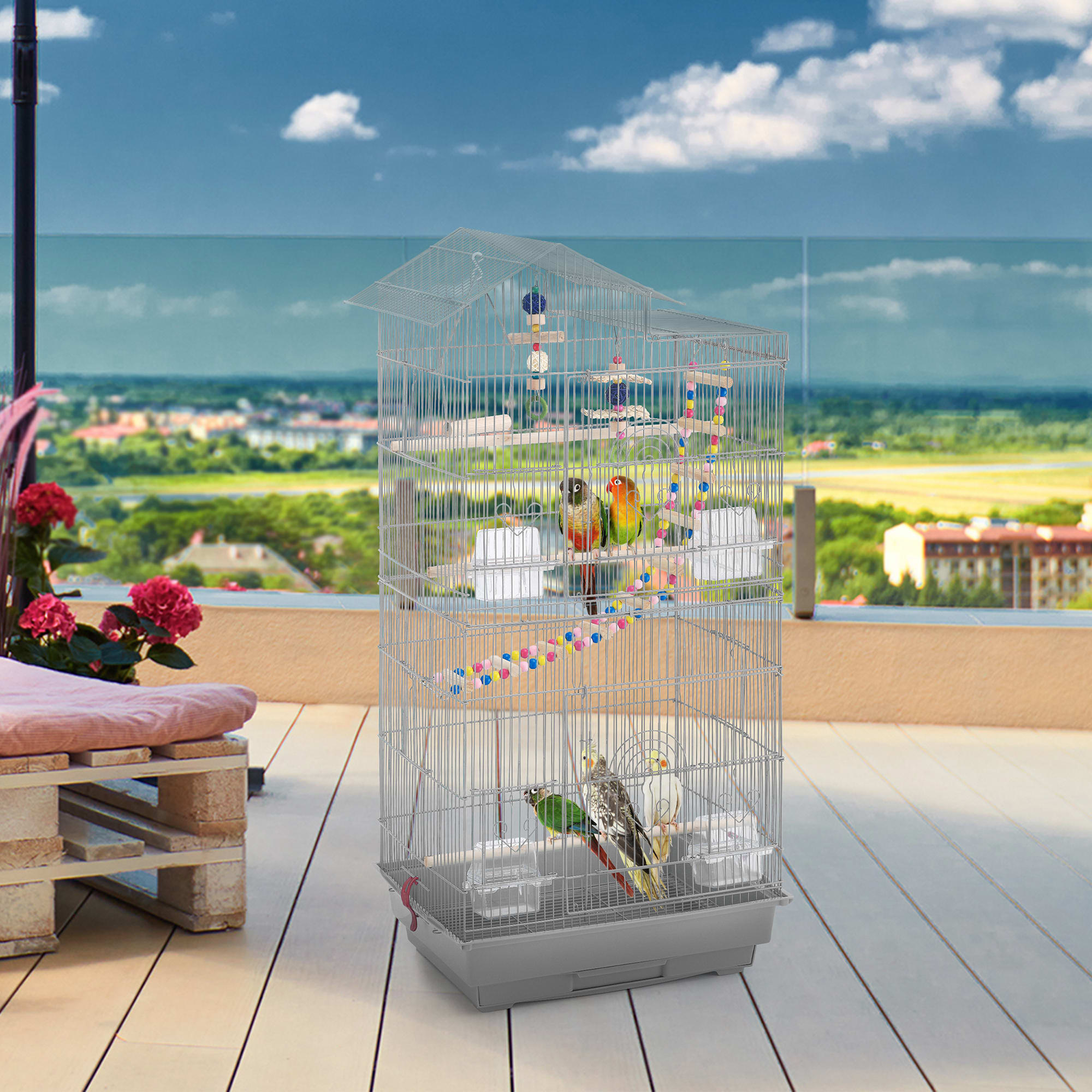 Topeakmart Light Gray Metal Bird Cage with Swing Ladder, 39" H