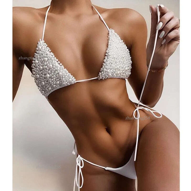 Women's Swimwear 2021 Halter Luxury Pearl Bikini Female Swimsuit Women Two-pieces Set Micro Mini Bather Bathing Suit Swim Lady