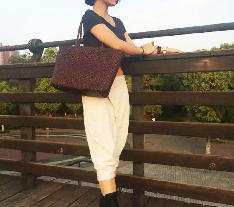Women Leather Handbag Romantic Handmade Woven Totes Female Cowhide Big Holiday Bucket Bag Causal Beach Shoulder Handbags Patent Leather