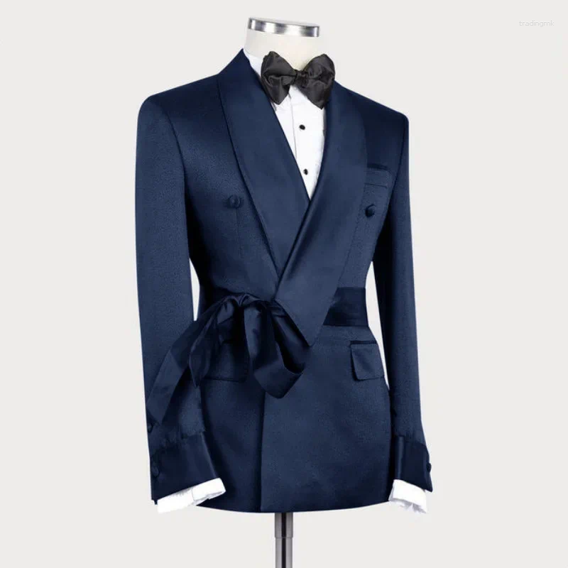 Men's Suits Fashion Shawl Lapel Men Jacket With Belt Elegant Solid Prom Party Banquet Coat Slim Formal Chic Groom Wedding Tuxedo Blazer