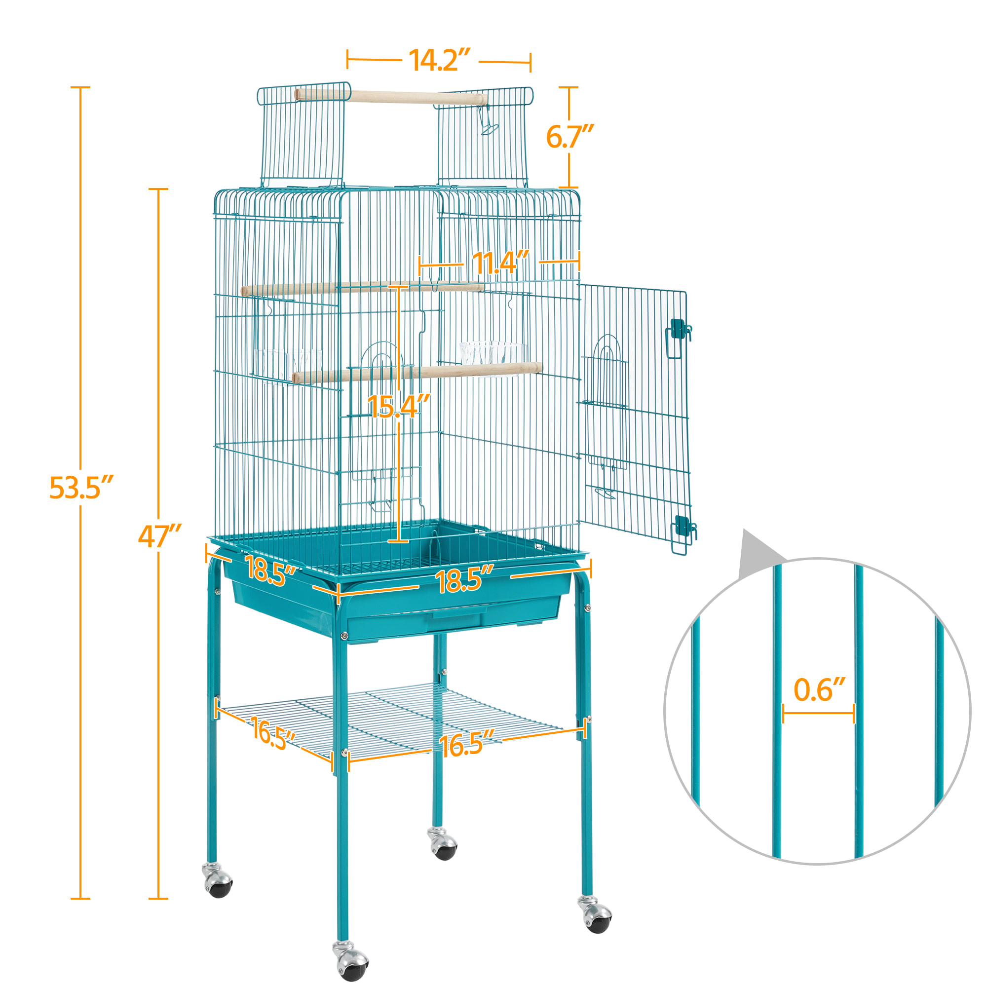 Topeakmart Teal Blue Metal Bird Cage with Detachable Rolling Stand for Small Birds, 47" H
